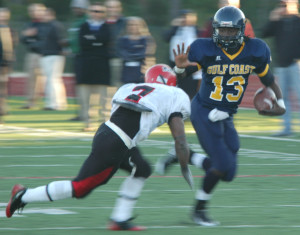 Mississippi Gulf Coast quarterback Greg Jenkins takes on a Georgia Military College defender during the first Mississippi Bowl in 2008. Jenkins is being inducted in the Mississippi Bowl Hall of Fame. (MGCCC)